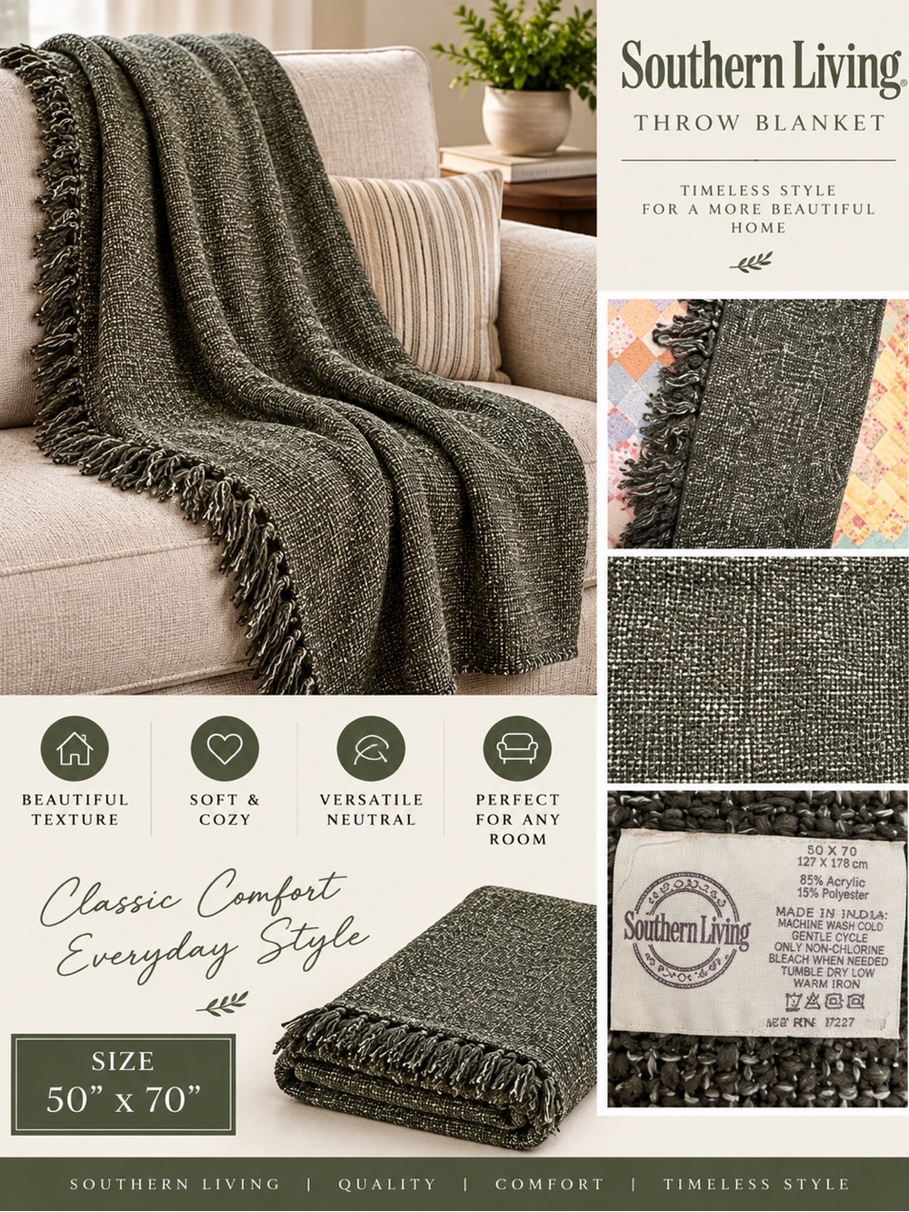 Southern Living Olive Throw with Textured Throw Blanket Friinge